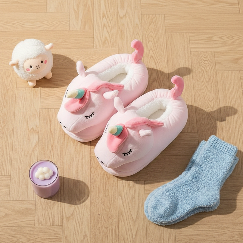 fluffy unicorn slippers - flat-lay