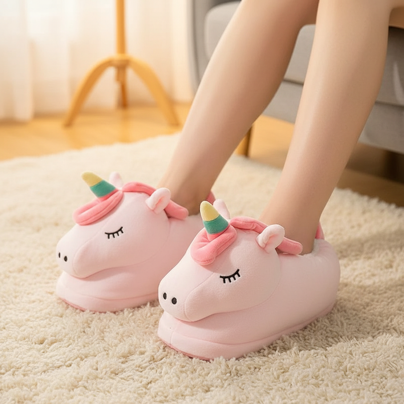 fluffy unicorn slippers - in-use