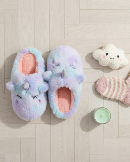 fluffy unicorn ugg slippers - flat-lay