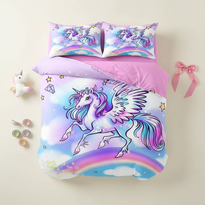 flying pegasus rainbow bedding - flat-lay
