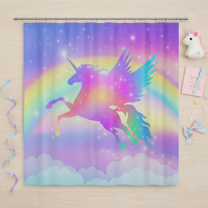 flying unicorn shower curtain - flat-lay