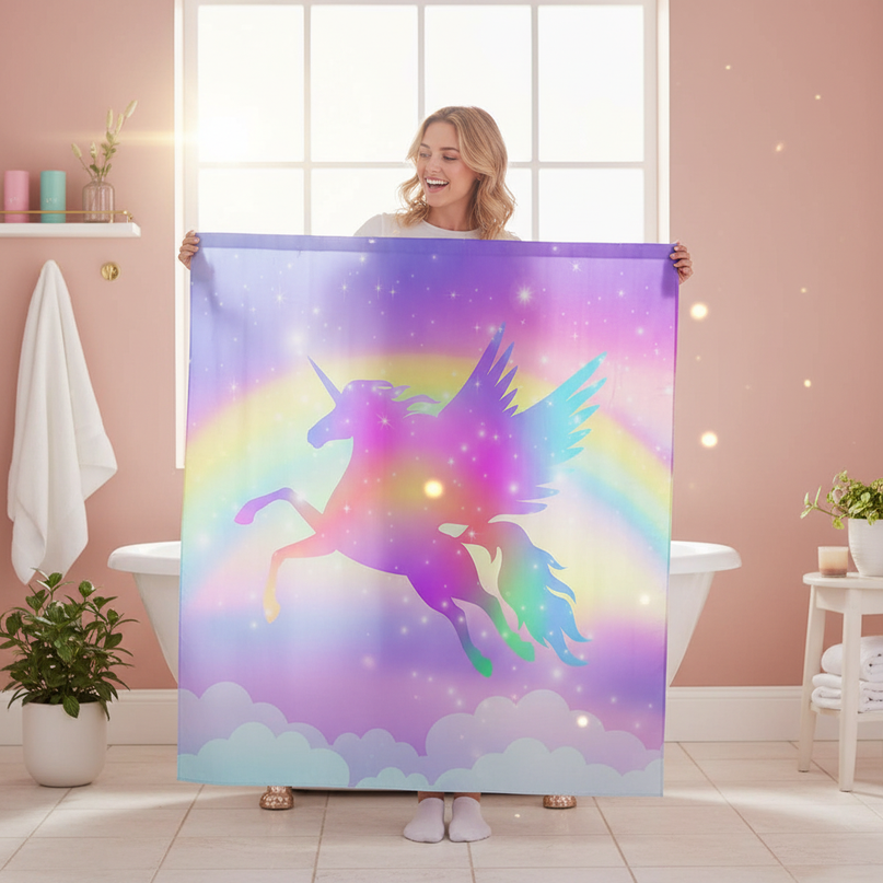flying unicorn shower curtain - in-use