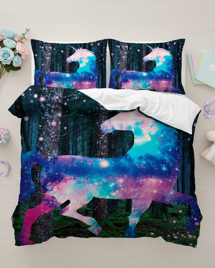 forest dream galaxy unicorn bedding - flat-lay