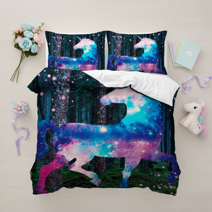 forest dream galaxy unicorn bedding - flat-lay