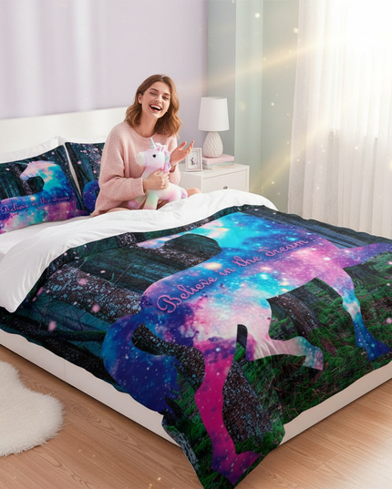 forest dream galaxy unicorn bedding - in-use