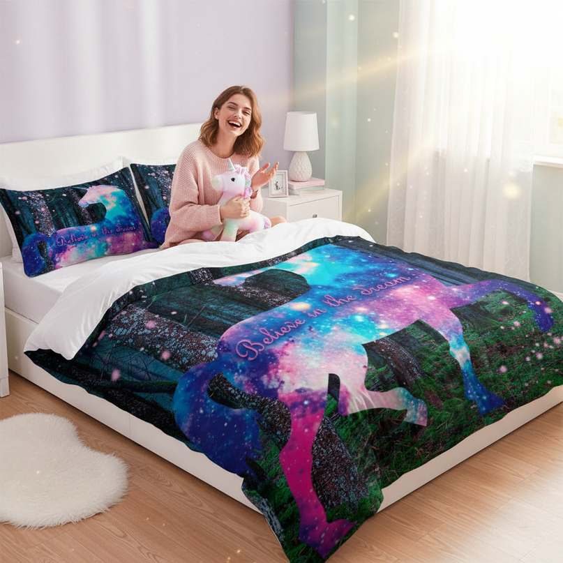 forest dream galaxy unicorn bedding - in-use