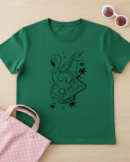 forest green unicorn shirt - flat-lay