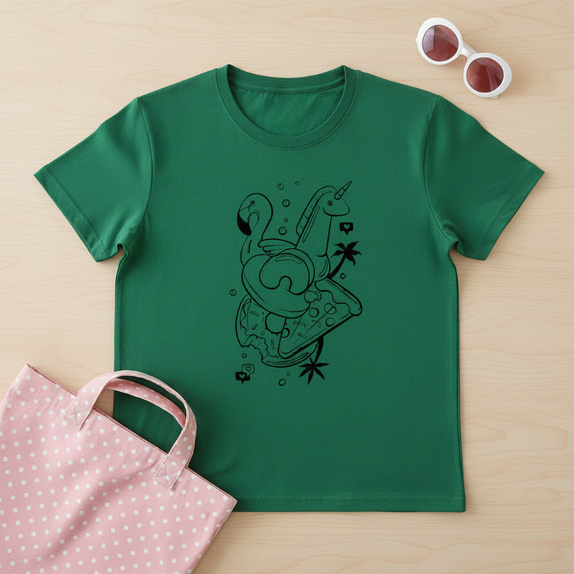 forest green unicorn shirt - flat-lay