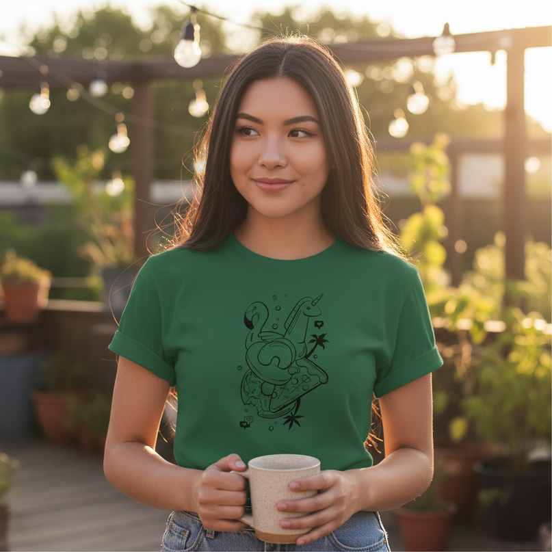 forest green unicorn shirt - in-use