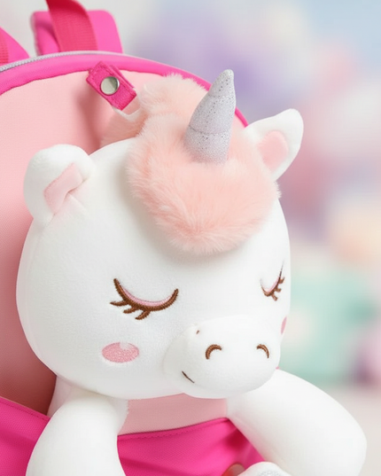 fuchsia plush unicorn backpack - detail