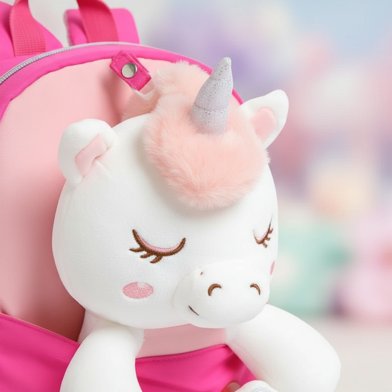 fuchsia plush unicorn backpack - detail