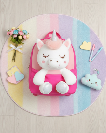 fuchsia plush unicorn backpack - flat-lay