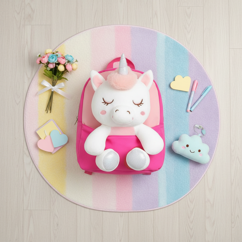 fuchsia plush unicorn backpack - flat-lay