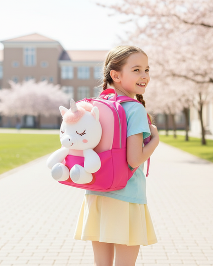 fuchsia plush unicorn backpack - in-use