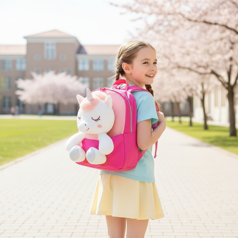 fuchsia plush unicorn backpack - in-use