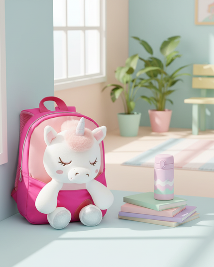 fuchsia plush unicorn backpack - lifestyle