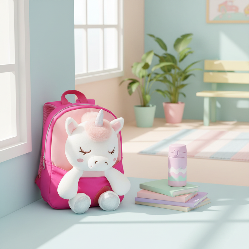 fuchsia plush unicorn backpack - lifestyle