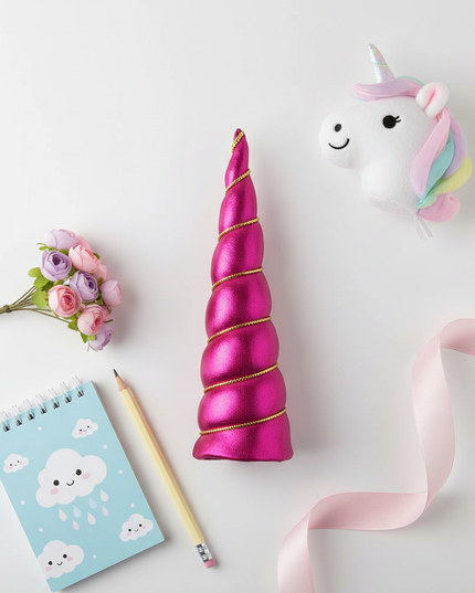 fuchsia unicorn horn party set - flat-lay