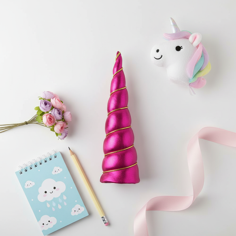 fuchsia unicorn horn party set - flat-lay