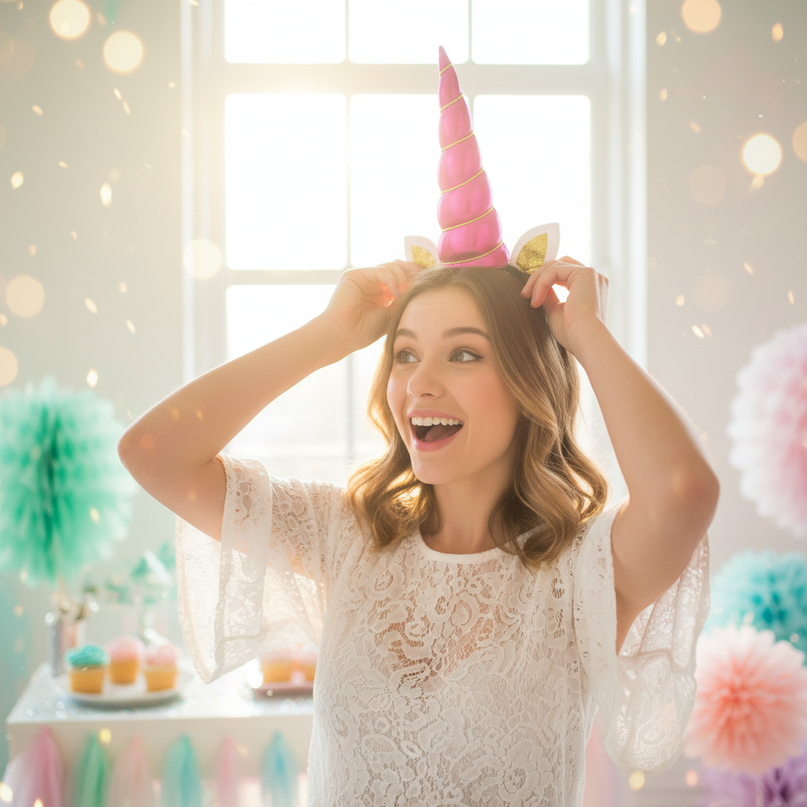 fuchsia unicorn horn party set - in-use