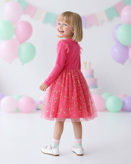 fuchsia unicorn star moon dress - back