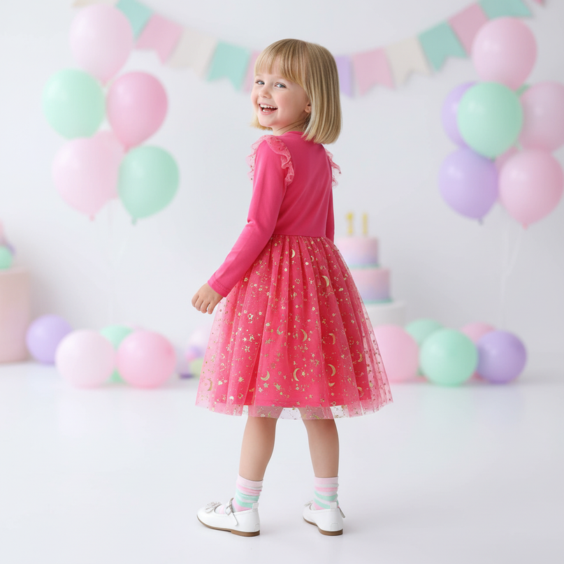 fuchsia unicorn star moon dress - back