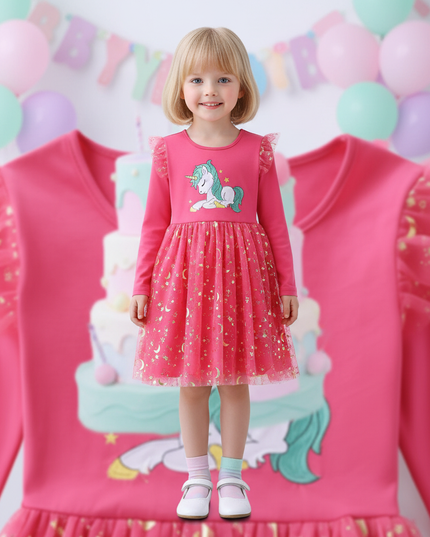 fuchsia unicorn star moon dress - detail