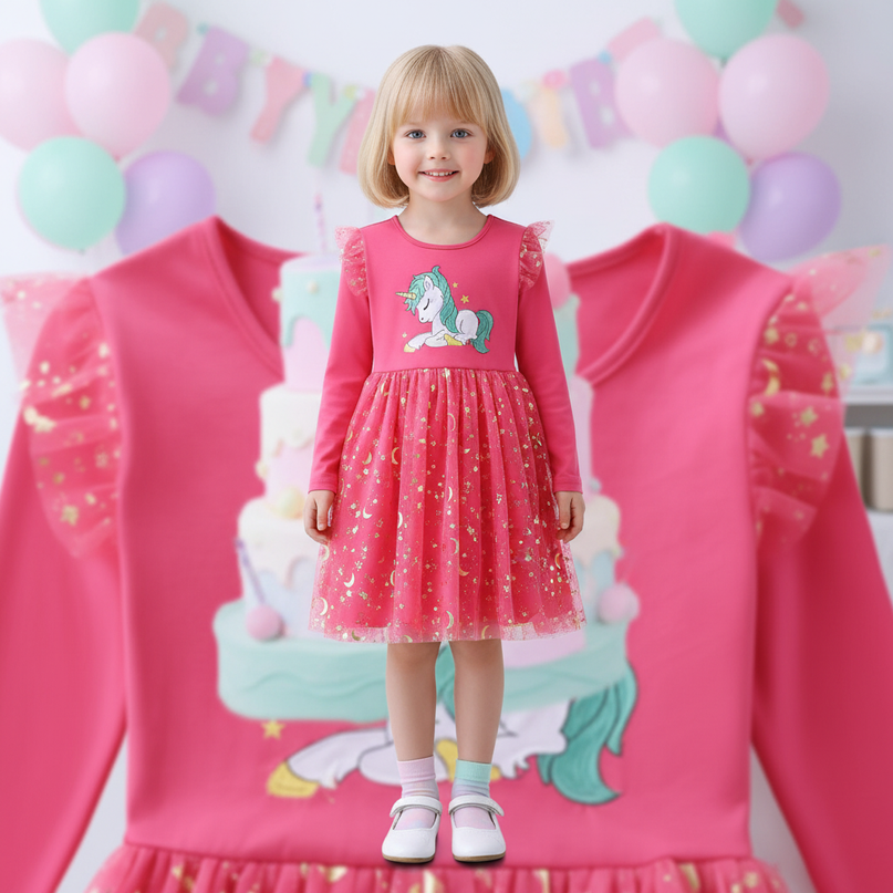 fuchsia unicorn star moon dress - detail