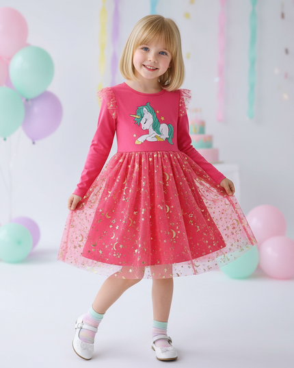 fuchsia unicorn star moon dress - front