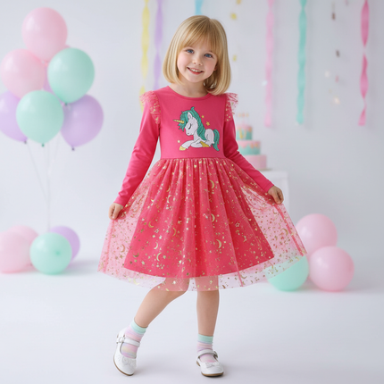 fuchsia unicorn star moon dress - front