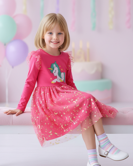 fuchsia unicorn star moon dress - sitting