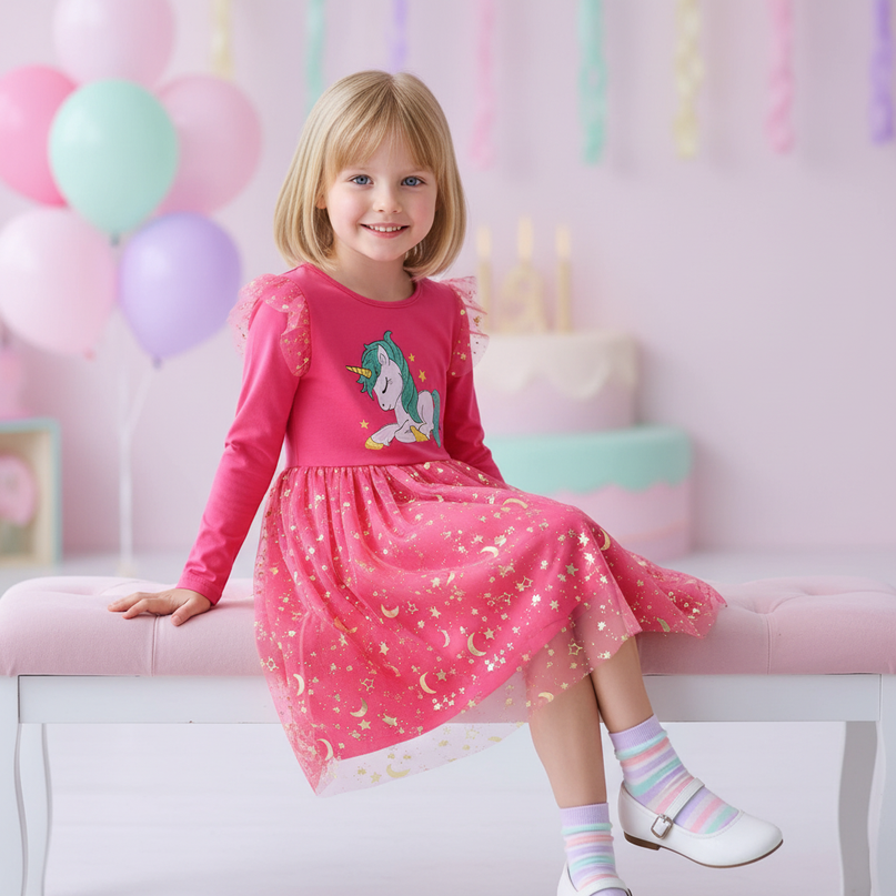 fuchsia unicorn star moon dress - sitting