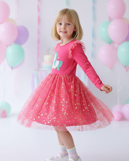 fuchsia unicorn star moon dress - three-quarter
