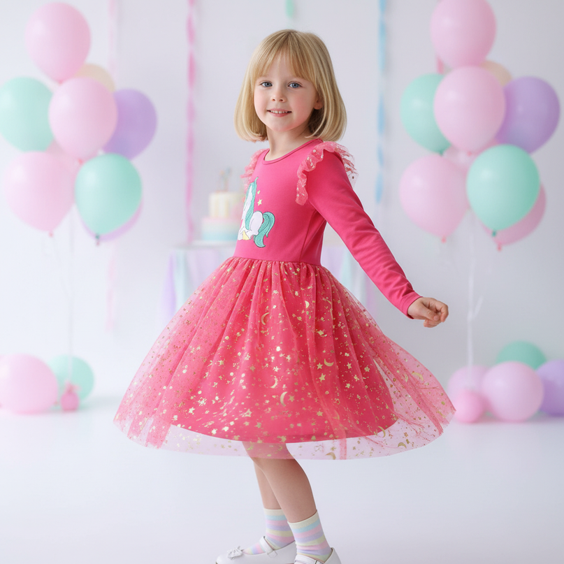 fuchsia unicorn star moon dress - three-quarter
