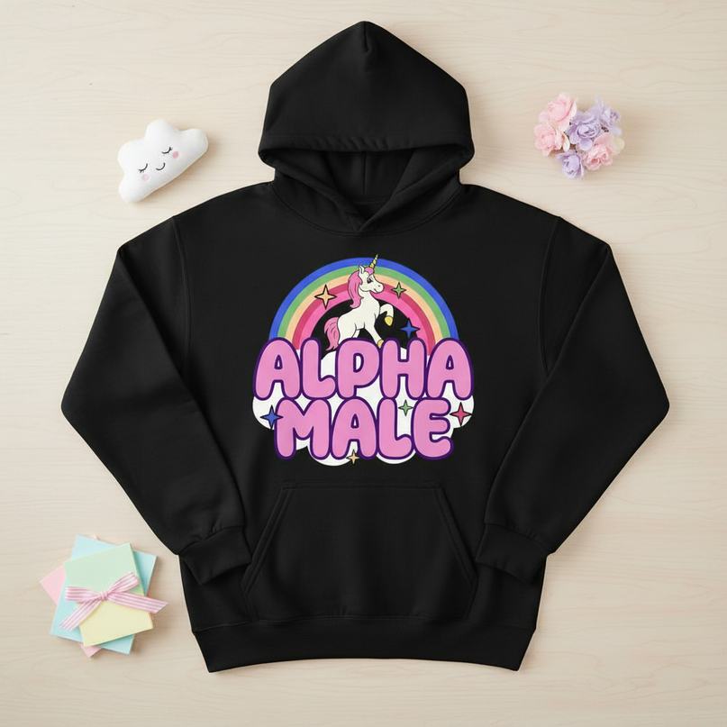 funny alpha male unicorn hoodie - flat-lay