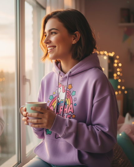 funny purple unicorn hoodie - in-use