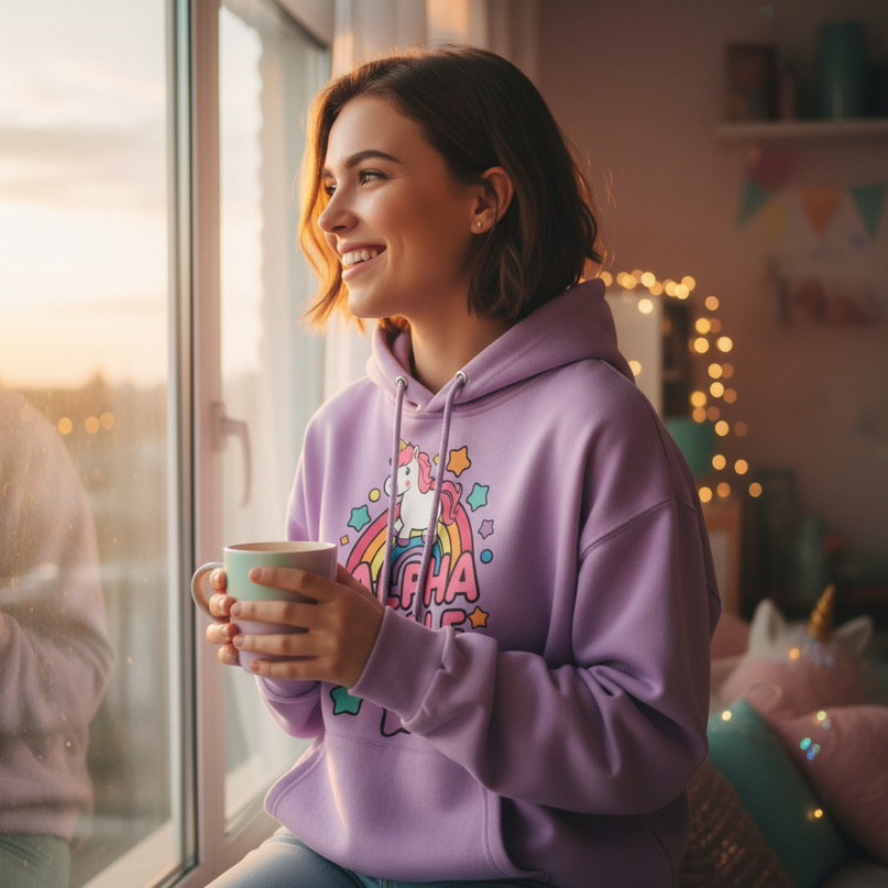 funny purple unicorn hoodie - in-use