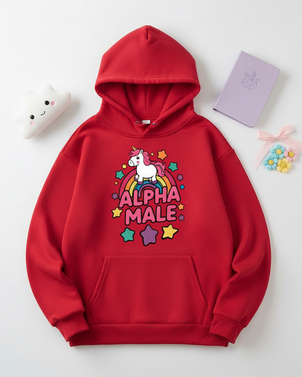 funny red unicorn hoodie - flat-lay