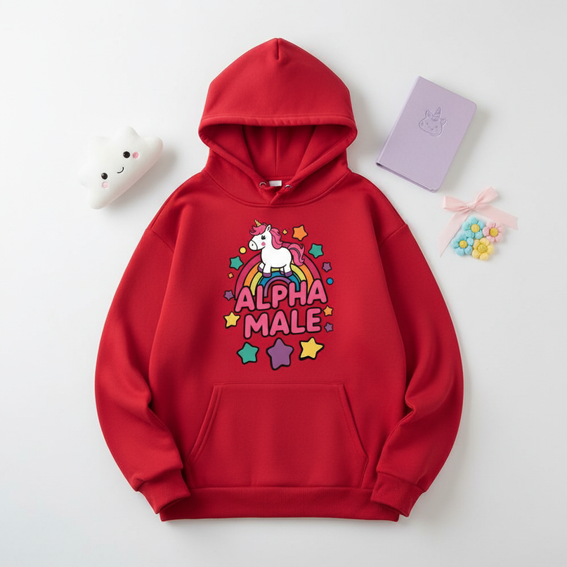 funny red unicorn hoodie - flat-lay