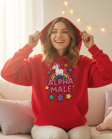 funny red unicorn hoodie - in-use