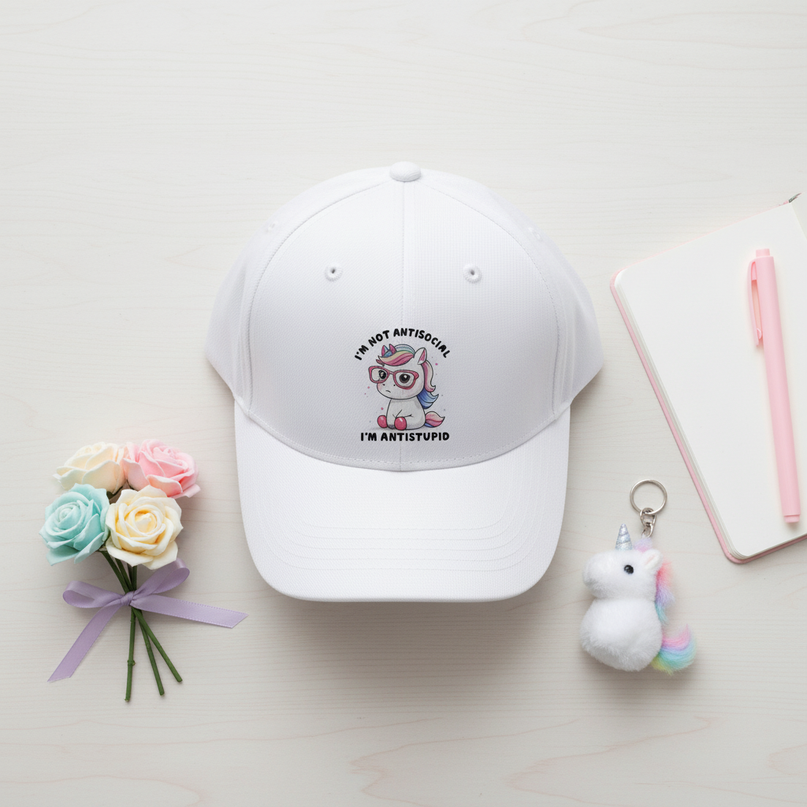 funny unicorn cap - flat-lay