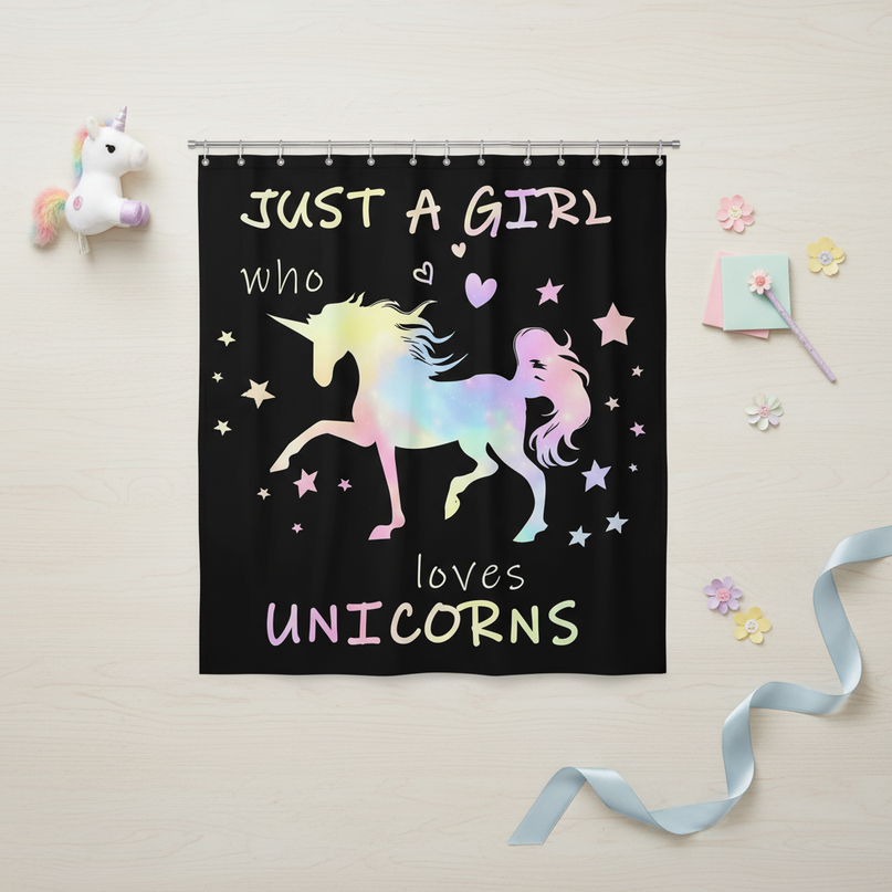 funny unicorn shower curtain - flat-lay