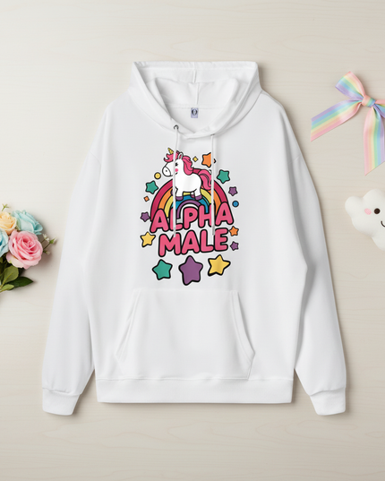 funny white unicorn hoodie - flat-lay