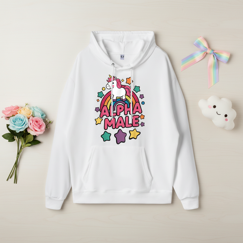 funny white unicorn hoodie - flat-lay