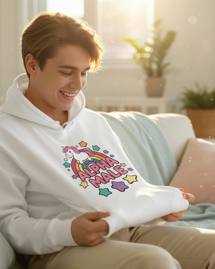 funny white unicorn hoodie - in-use