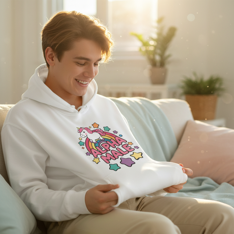 funny white unicorn hoodie - in-use