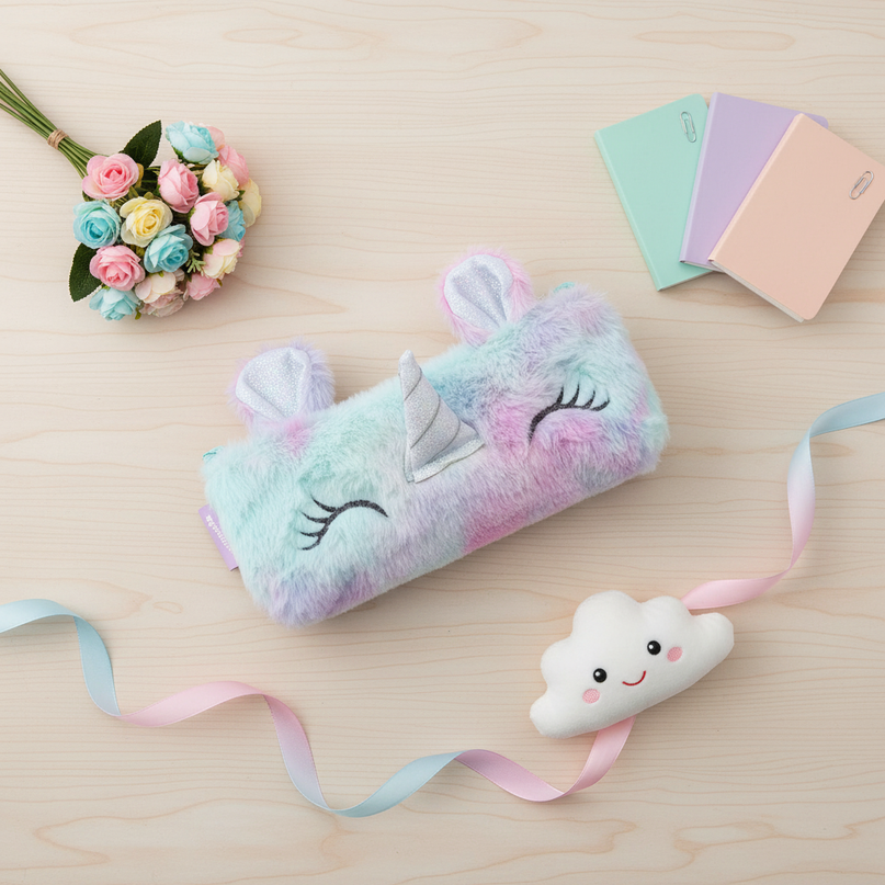 furry unicorn pencil case - flat-lay