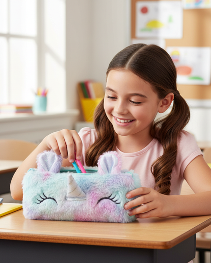 furry unicorn pencil case - in-use