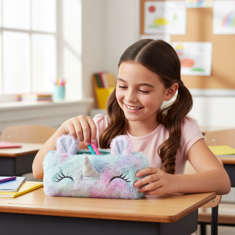 furry unicorn pencil case - in-use