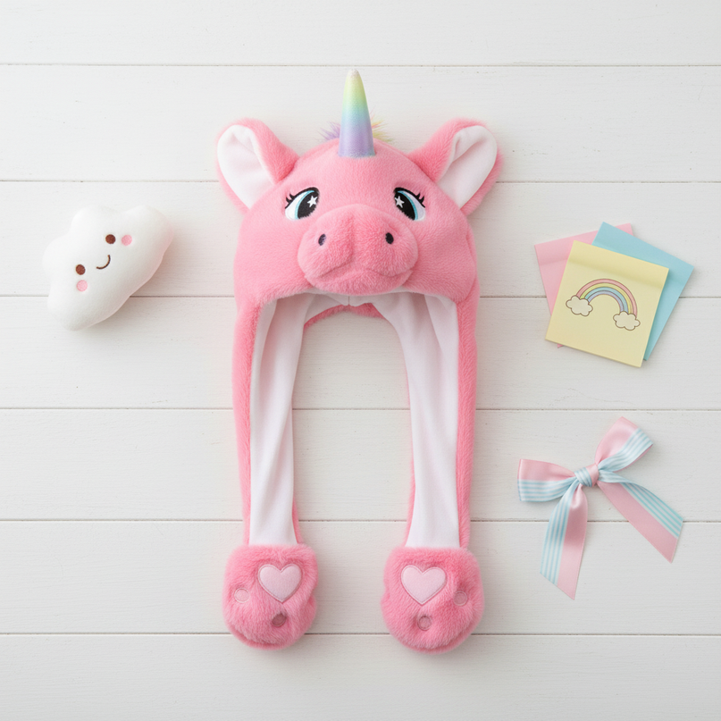 fuzzy unicorn hat - flat-lay